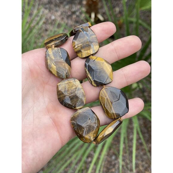 GSJ Signed 14k Gold Tigers Eye Necklace Chunk Stone Heavy Statement 18” Strand - Picture 3 of 9